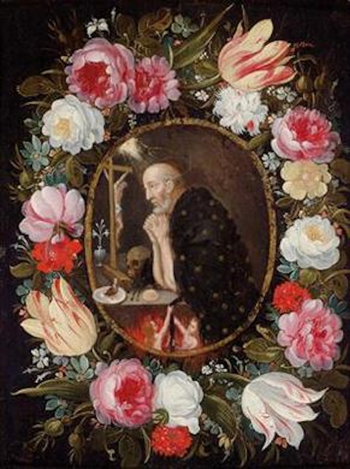 A garland of flowers around a medallion enclosing Saint Nicolas of Tolentino by Jan Brueghel the Younger
