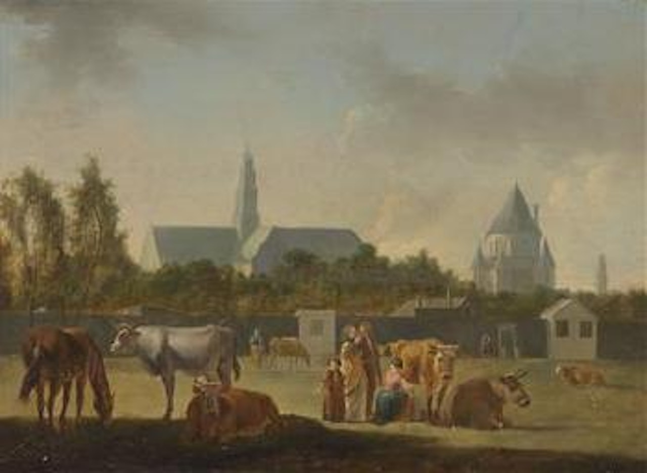 Figures and cattle outside the gates of Haarlem by Dutch School