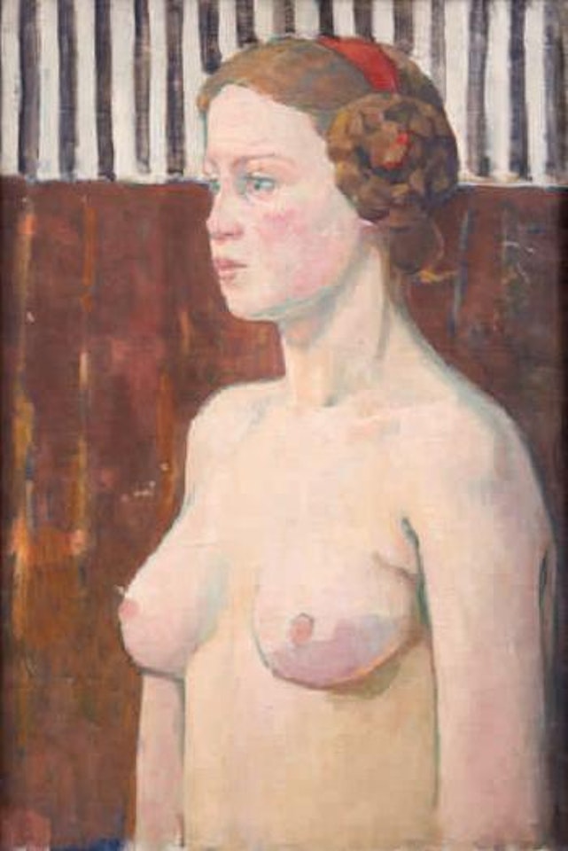 Weiblicher Halbakt Weiblicher Halbakt vor schwrz-weiß gestreiftem Hintergrund by Broncia Koller-Pinell