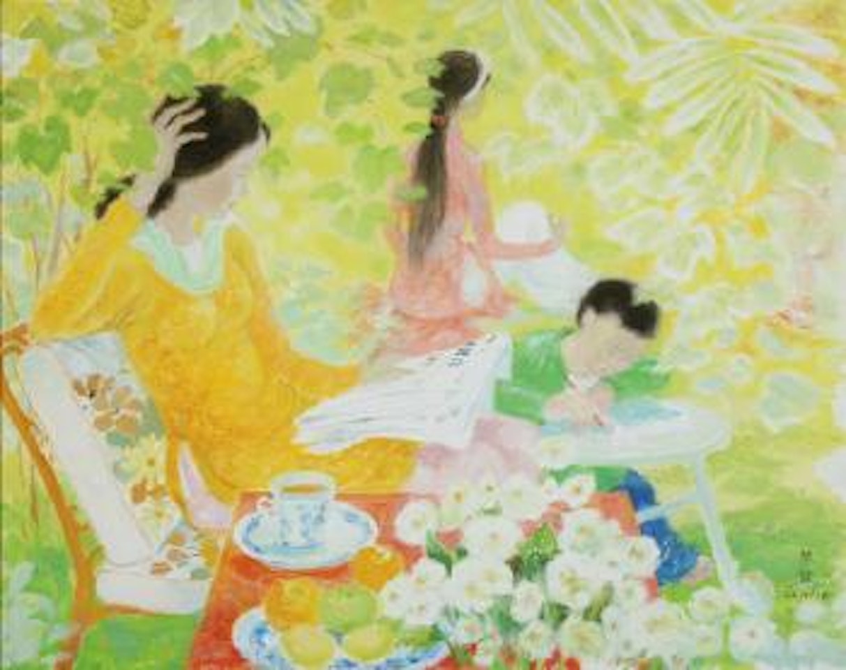 Woman and child in garden-relaxation by Le Pho