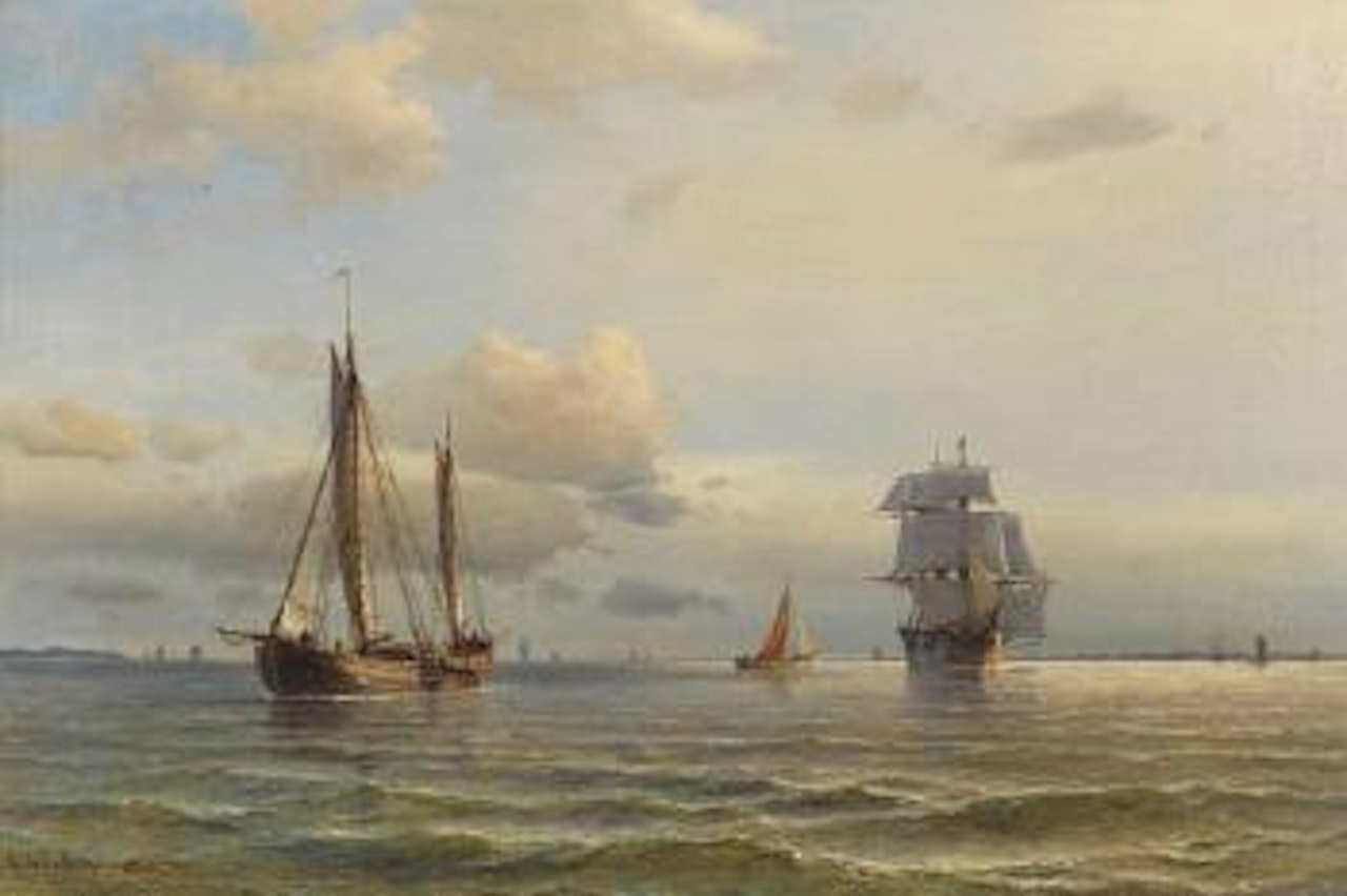 Frachtensegler und ein Rahsegler sowie andere Segelschiffe unter der Küste by Anton Melbye
