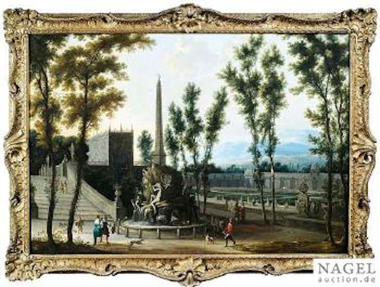 Italienisches Architekturcapriccio mit Parkanlage und Berninis Vierströmebrunnen by Isaac de Moucheron
