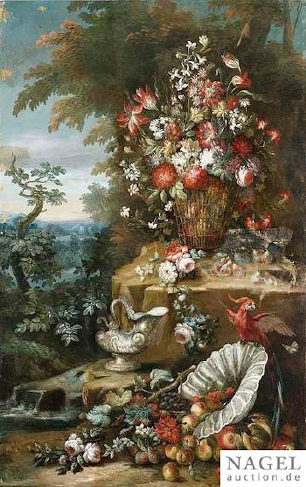 Stilleben mit Blumen, Früchten und Papagei vor Landschaftshintergrund by Neapolitan School