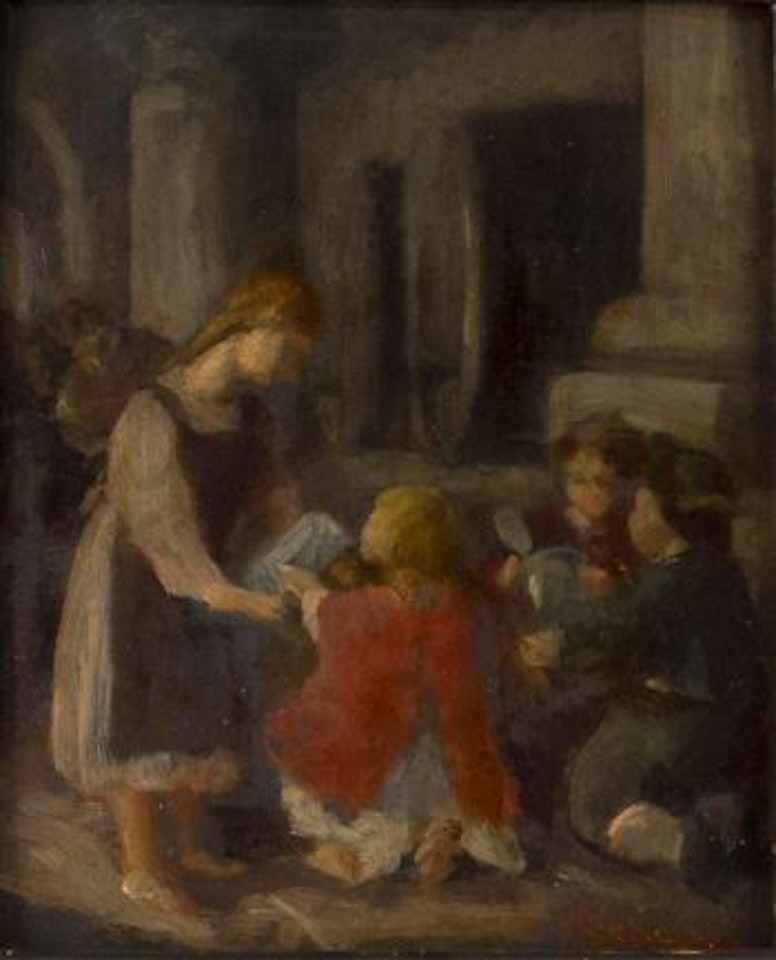 Spielende Kinder vor dem Eingang zu einem großen Gebäude by Franz von Defregger