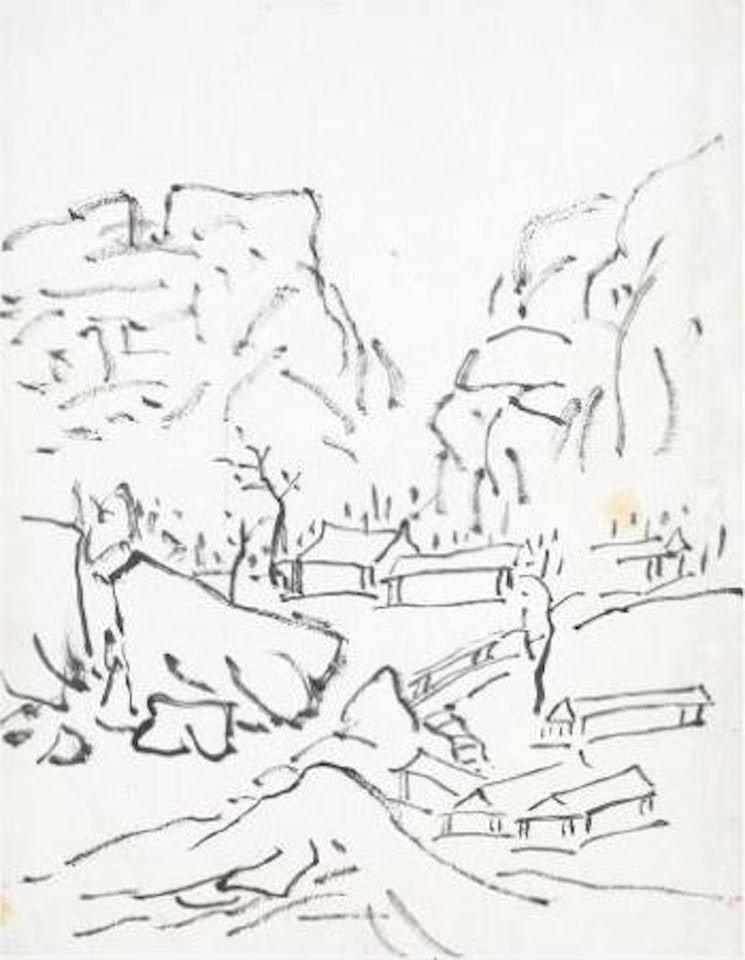 Village logé dans une vallée, des montagnes fermant l'horizon by Huang Binhong