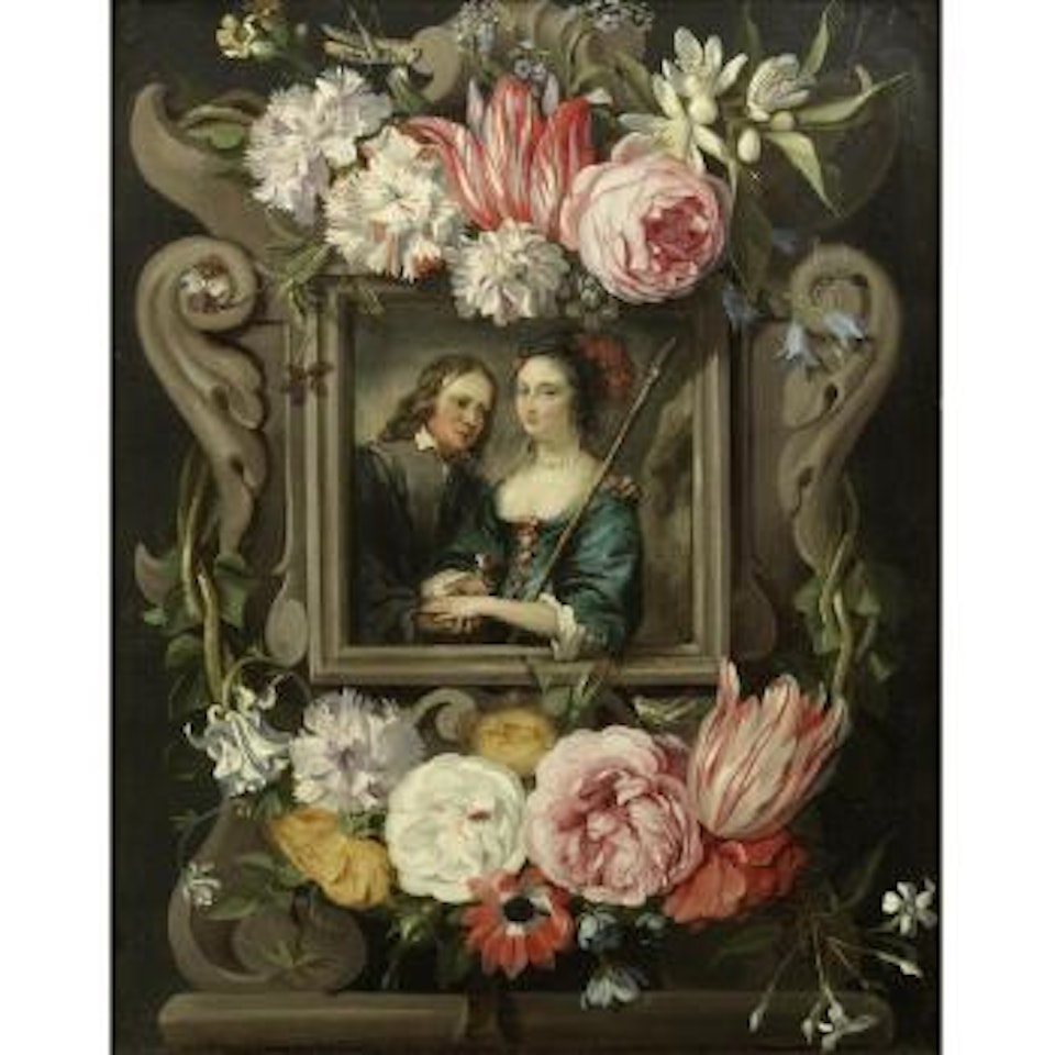 A Young Couple in a Frame Within a Garland of Flowers by Jan Brueghel the Younger