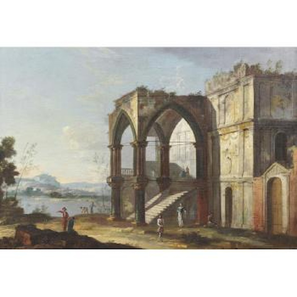 An Architectural  Capriccio with Figures Before An Arch by Apollonio Domenichini