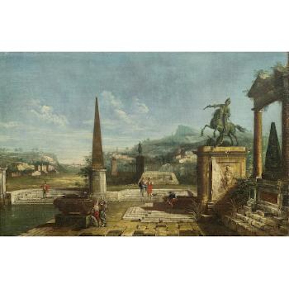 An Architectural  Capriccio with Figures Before An Equestrian Monument and Obelisk by Michele Marieschi