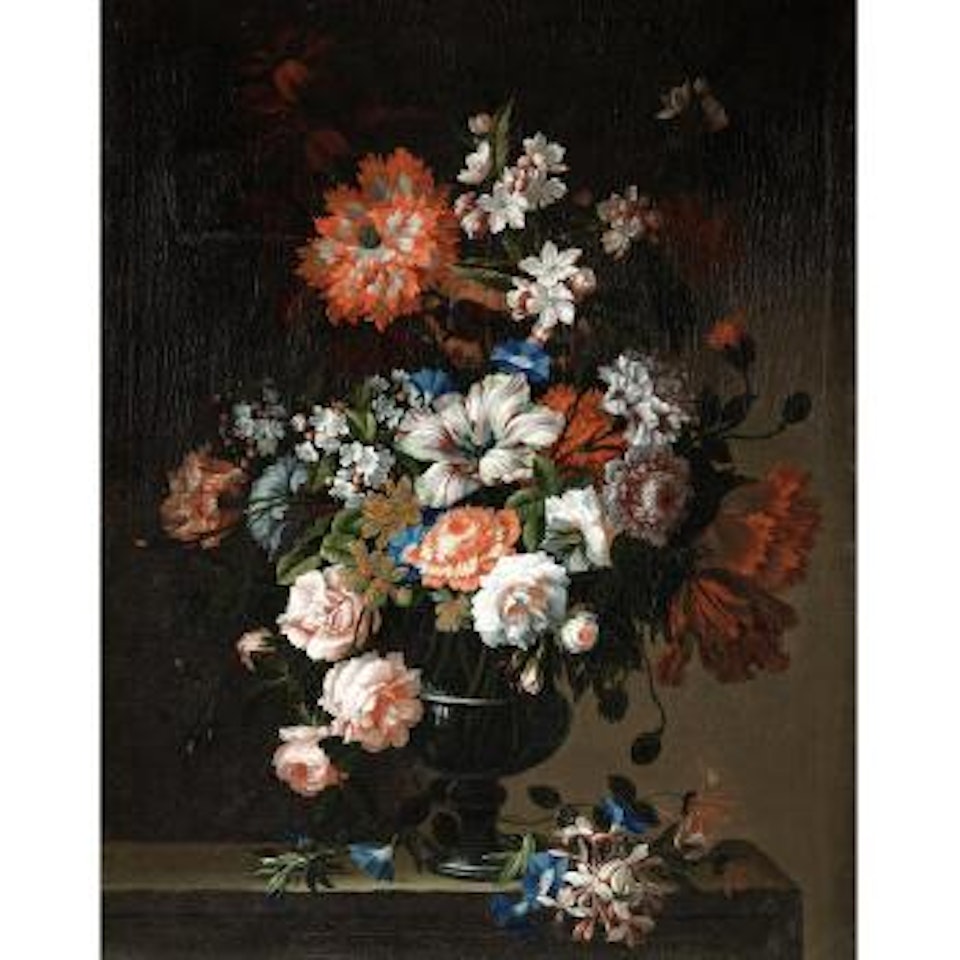 Roses, Tulips, Carnations and Other Flowers in a Glass Vase, with Honeysuckle and Morning Glory on a Stone Ledge; and Tulips, Carnations, Chrysanthemums and Other Flowers in a Glass Vase with Roses on a Stone Ledge by Pieter Hardime