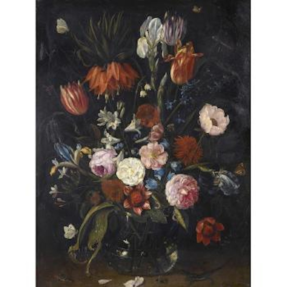 A Still Life of Tulips, a Crown Imperial, Snowdrops, Lilies, Irises, Roses and Other Flowers in a Glass Vase with a Lizard, Butterflies, a Dragonfly and Other Insects by Jan Van Kessel The Elder