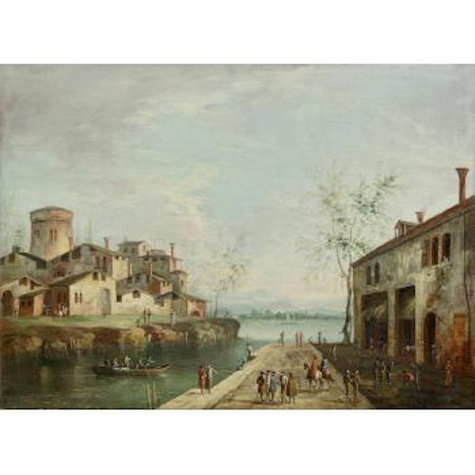 An Architectural  Capriccio with Figures Before a Ruined Arch; and Figures on a Quayside with a Village on The Far Bank by Michele Marieschi