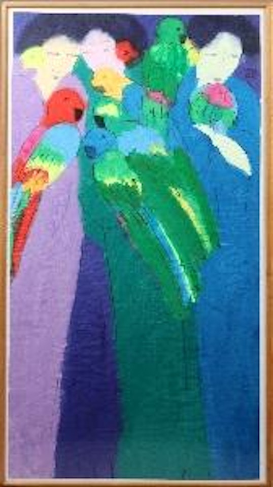 Three beauties with Parkieten parrots by Walasse Ting