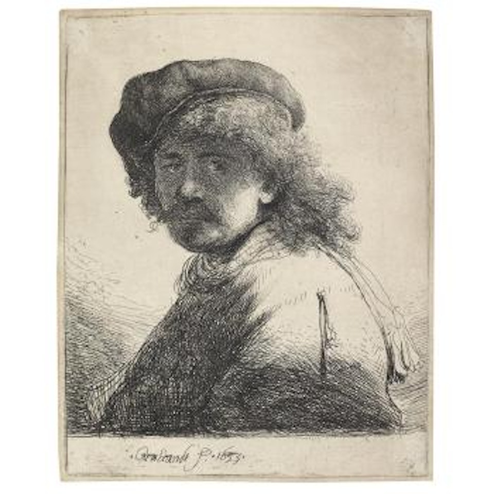 Self portrait in a cap and scarf with the face dark: Bust (Bartsch 17; New Hollstein 120) by Attributed to Rembrandt Harmensz van Rijn