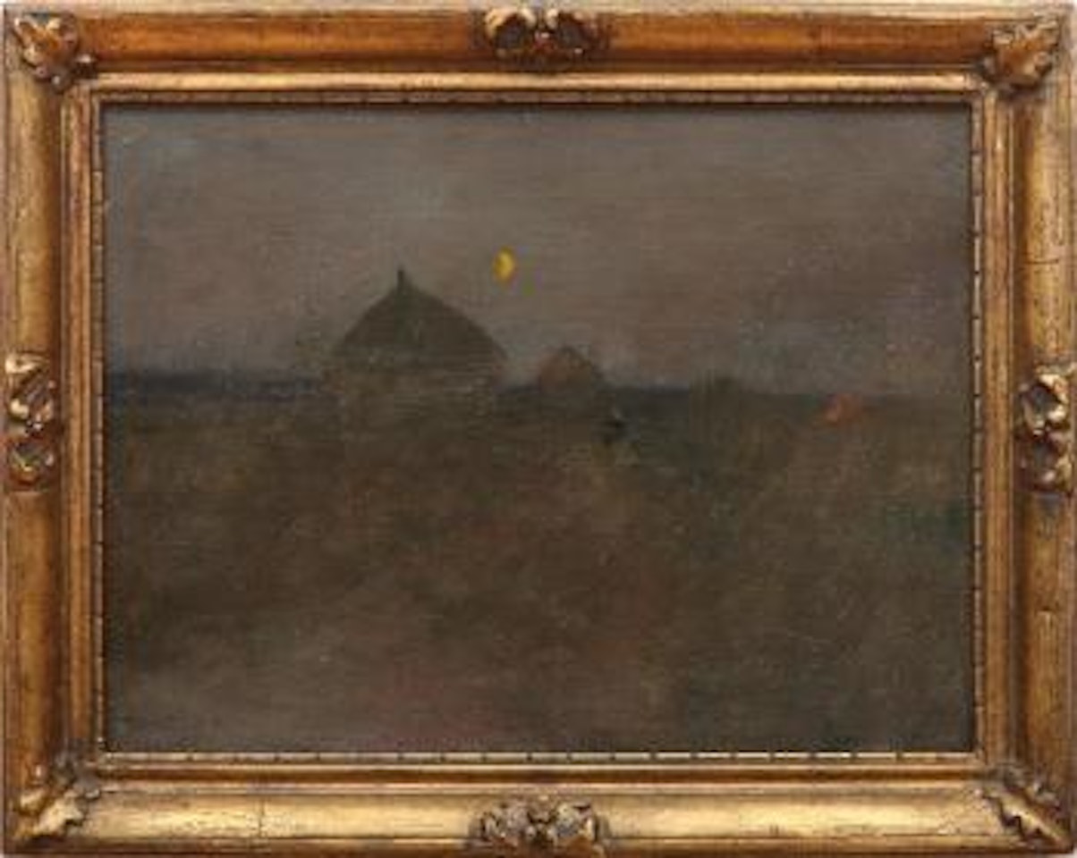 Haystacks with rising moon by Luigi Loir