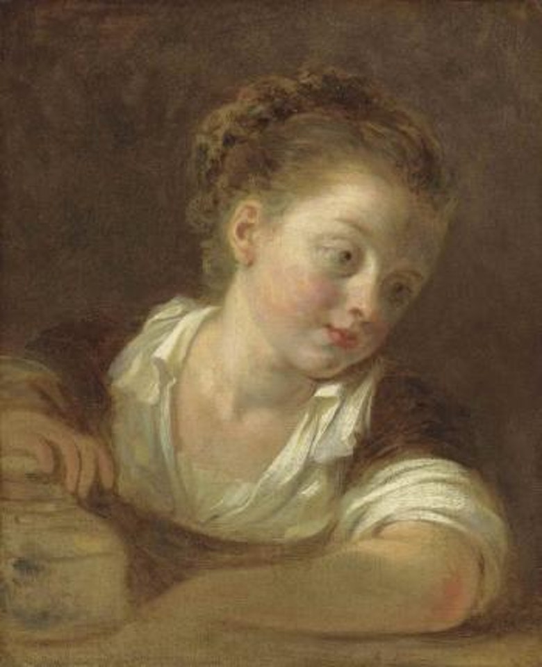 A girl in a white blouse and brown dress, leaning on a ledge, her right hand resting on a jar by Jean-Honoré Fragonard