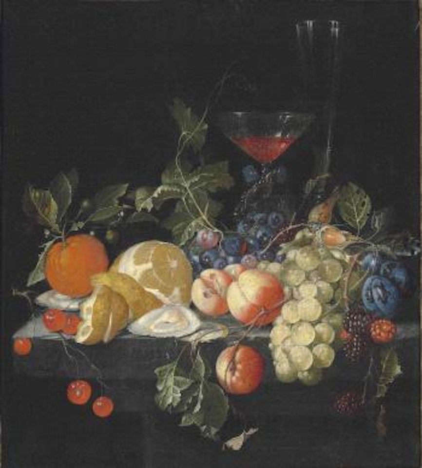 Grapes, oysters, a partially peeled lemon, peaches, and other fruit, with a façon de Venise glass of wine and another glass on a stone ledge by Cornelis de Heem