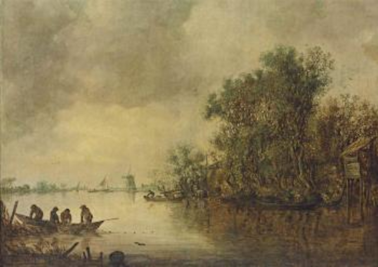 A Wooded River Landscape with Fishermen Hauling in Their Nets, a Ferry and Other Boats on The Water by Jan van Goyen