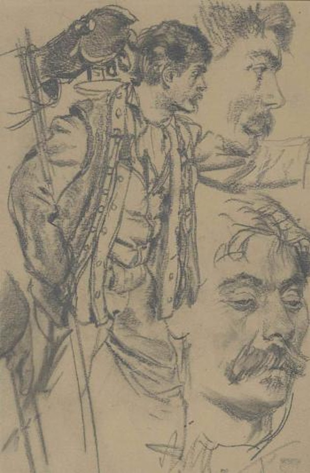 Study of a Soldier, with Subsidiary Studies of his Head and Hands by Adolph Menzel