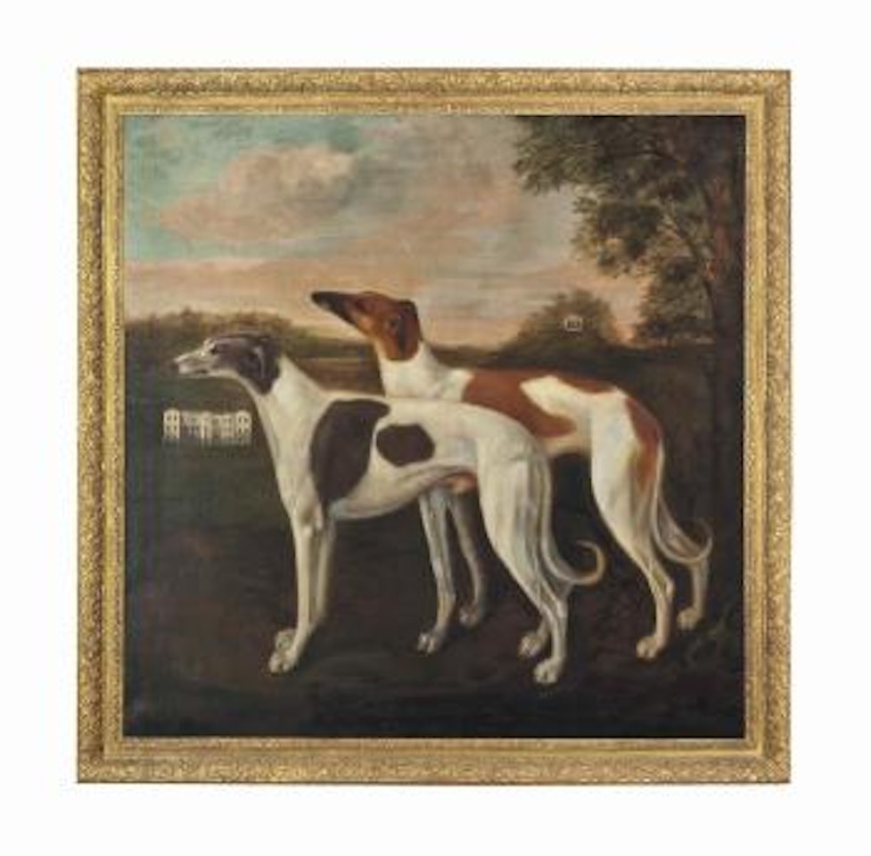 Two greyhounds in a wooded landscape with Parham House and a temple beyond by John Wootton