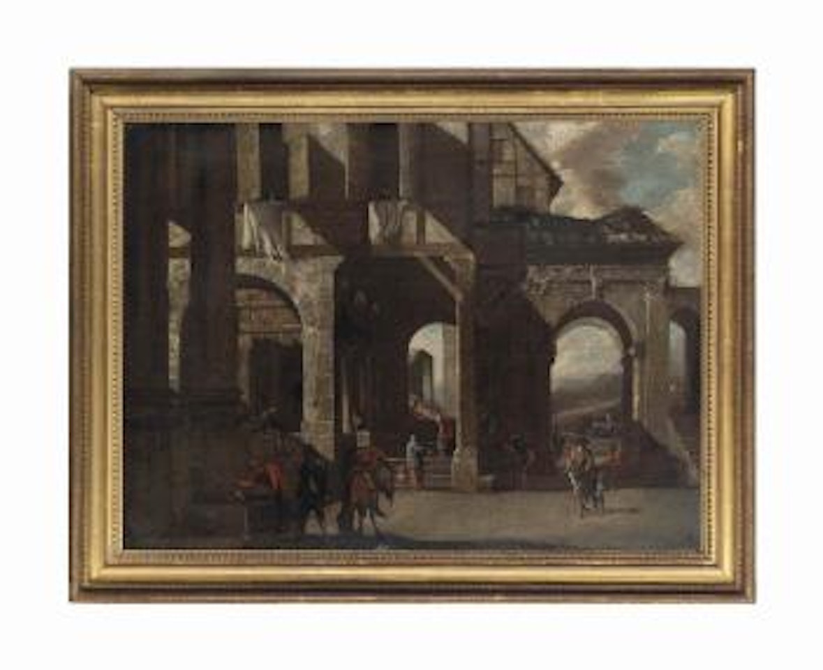 An courtyard with figures and a mule by a well, a mountainous landscape beyond by Viviano Codazzi