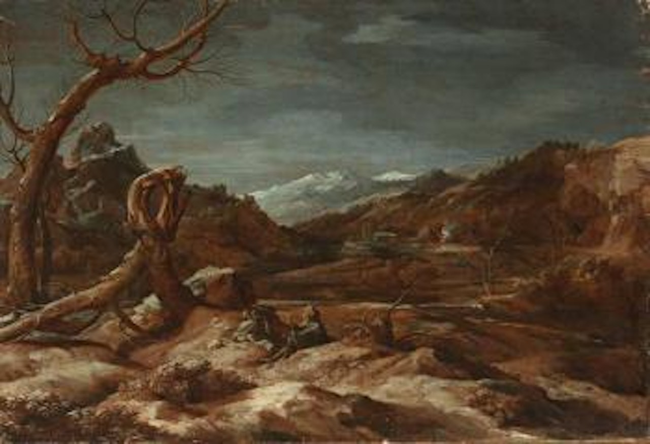 Blick in eine weite, teilweise verschneite Winterlandschaft mit kargen Bäumen by Italian School