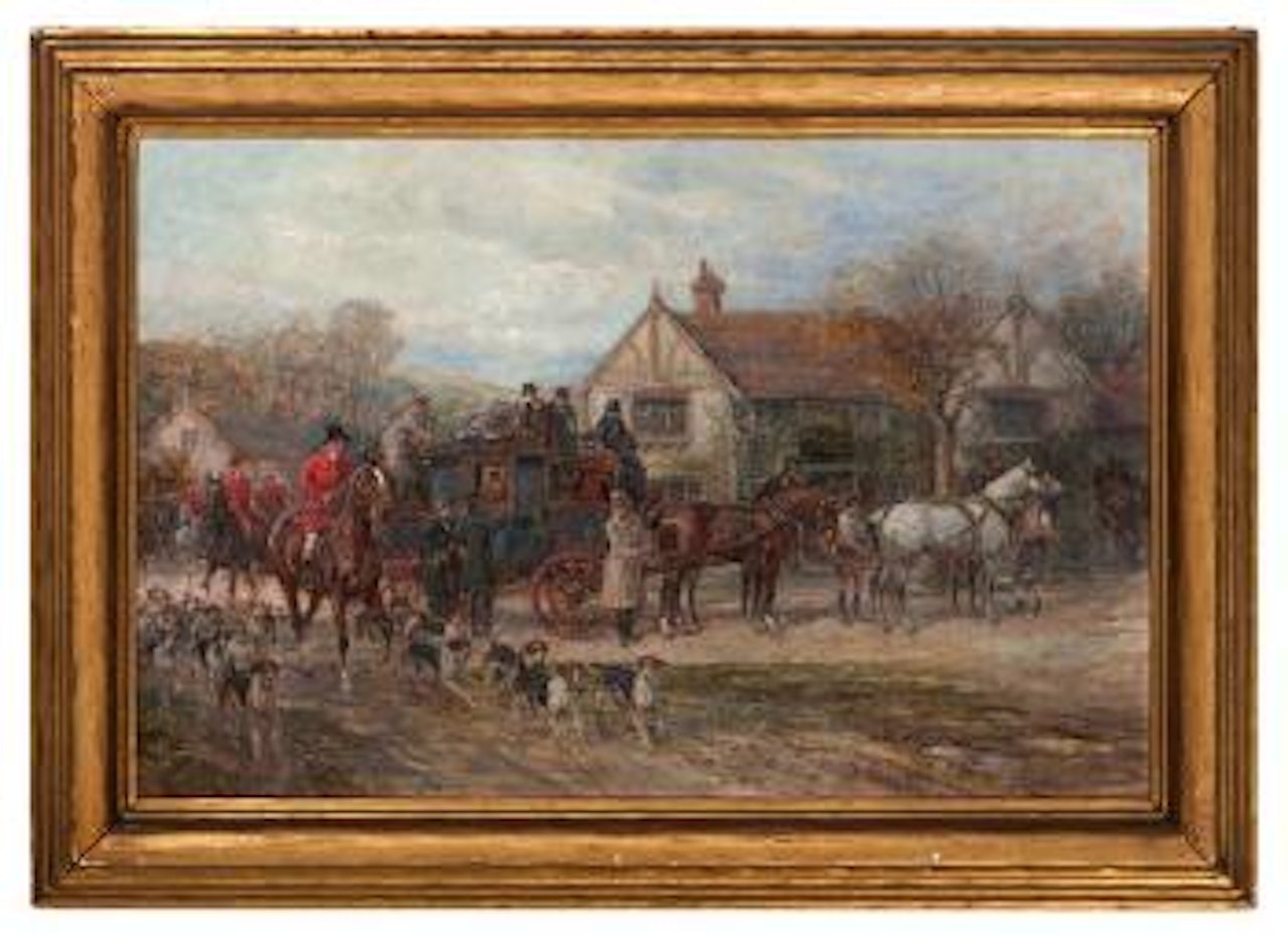 Village scene with carriage and dogs by Heywood Hardy