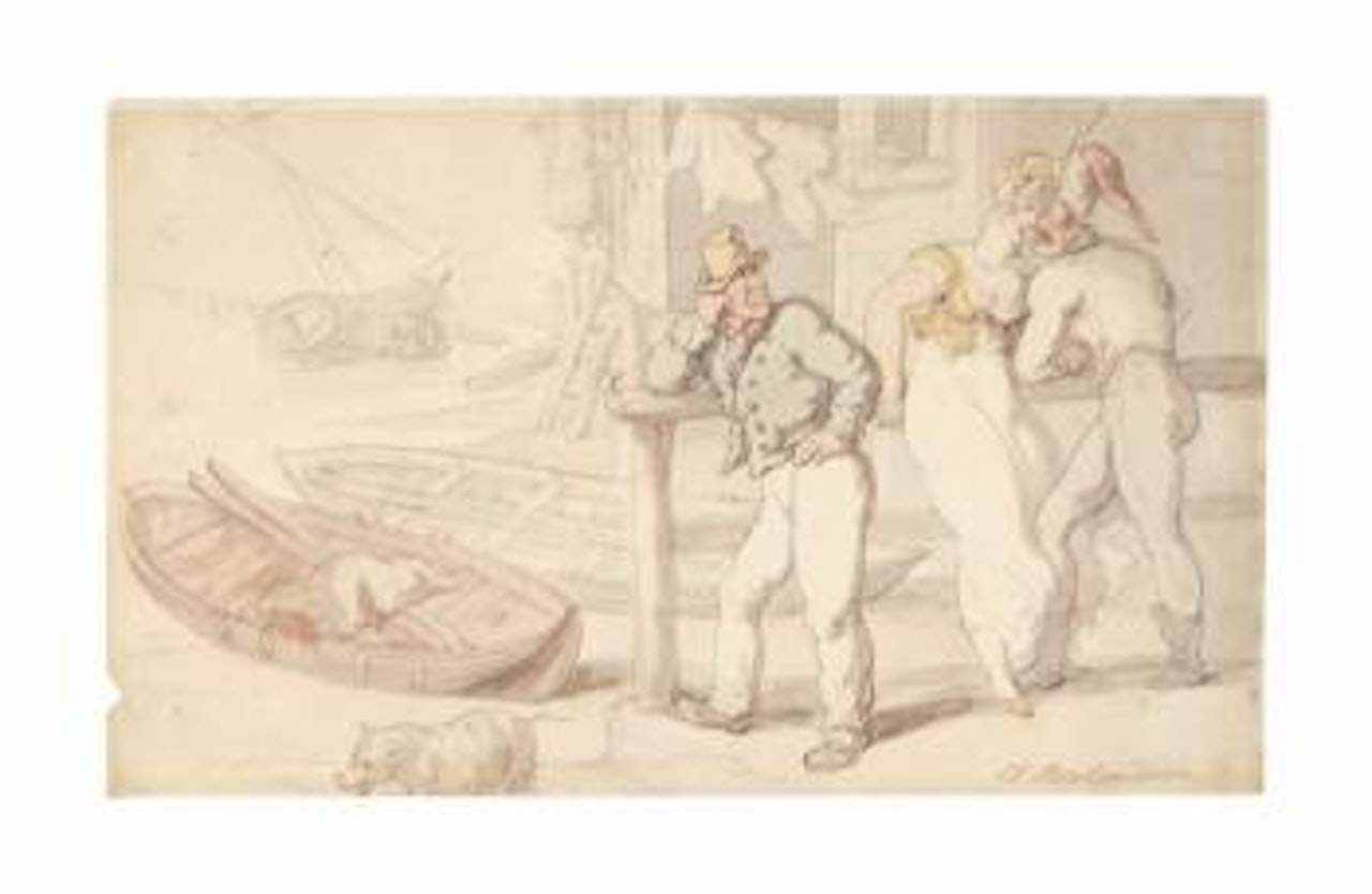 A sailor, soldier and a fashionable lady lounging at a quayside by Thomas Rowlandson