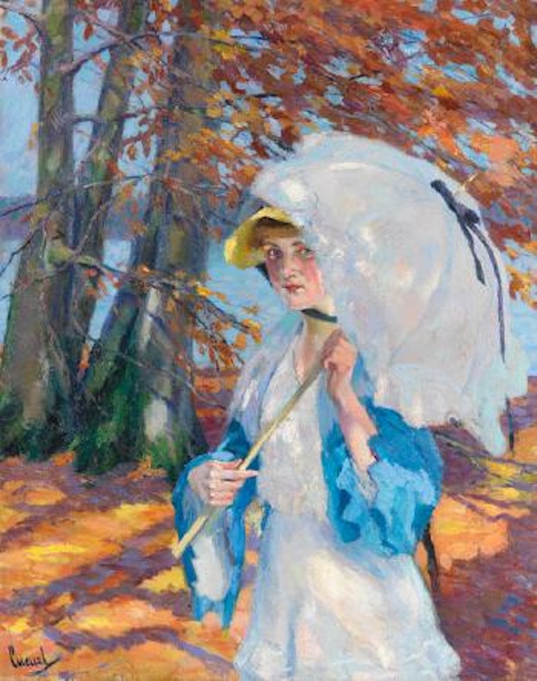 Dame mit Sonnenschirm im Herbstlaub am Ammersee by Edward Cucuel