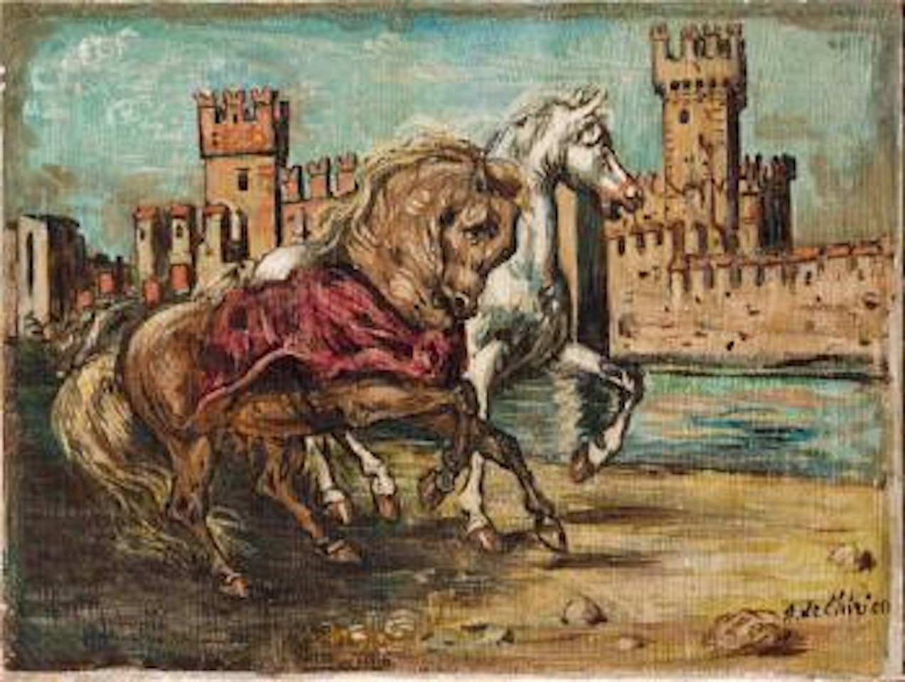Cavalli presso un castello by Giorgio de Chirico