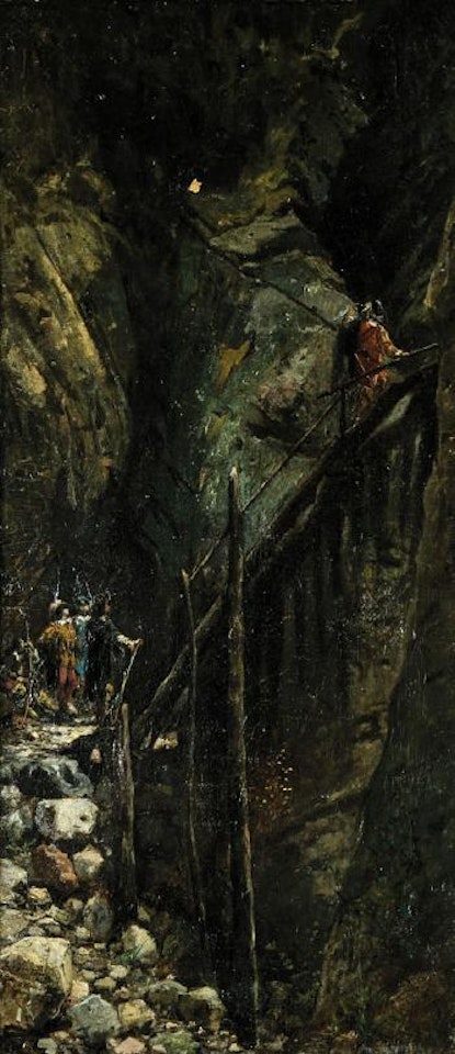 Vier Männer auf einer Holztreppe an einer Felswand by Carl Spitzweg