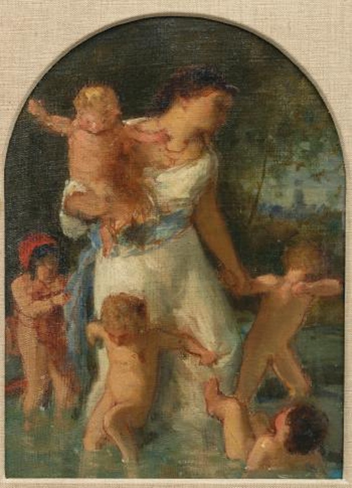 Frau Mit Fünf Kindern In Einer Furt by Albert Anker