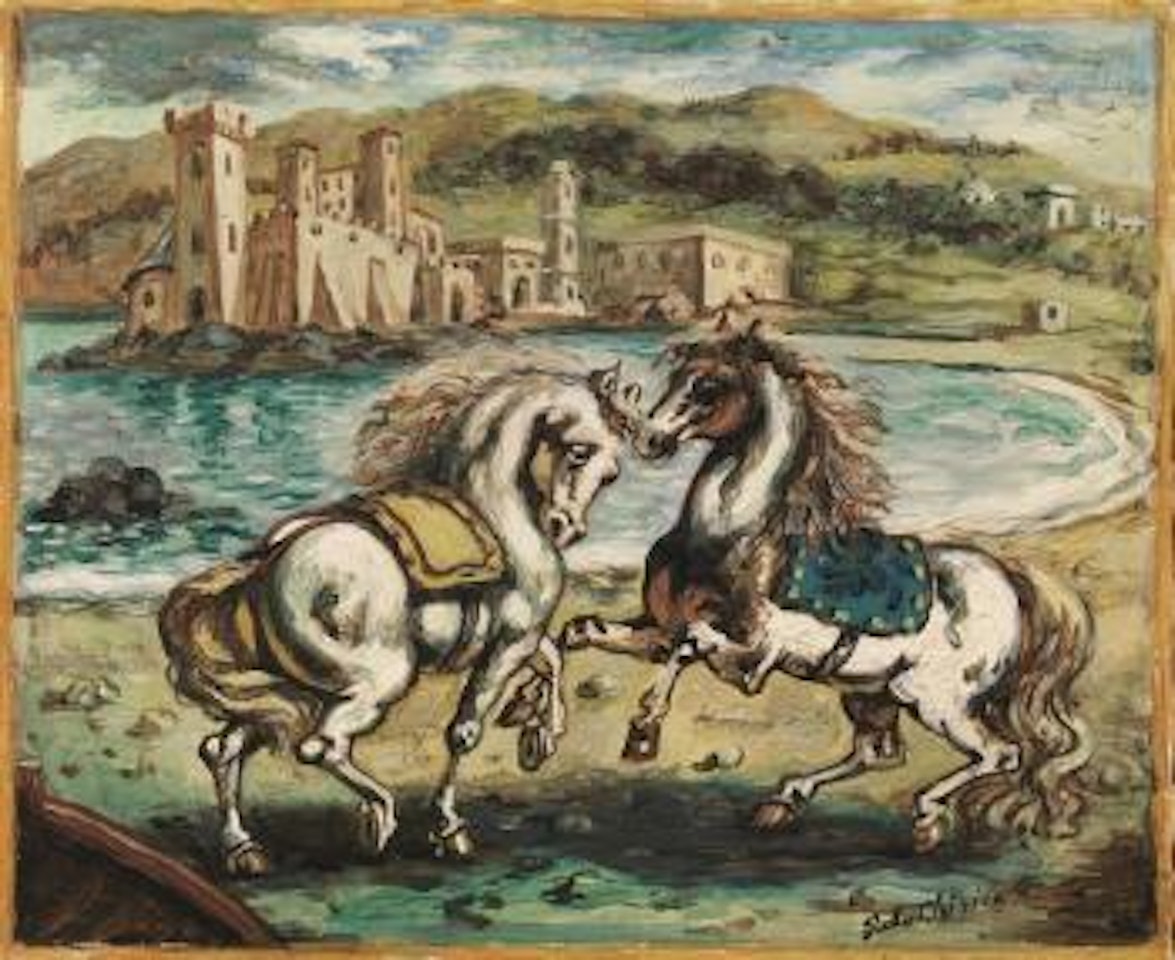 Due cavalli in un paesaggio con castello by Giorgio de Chirico