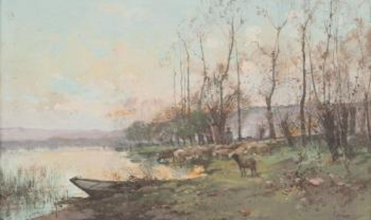 Berger et son troupeau en bord de rivière au soleil couchant by Eugene Galien-Laloue