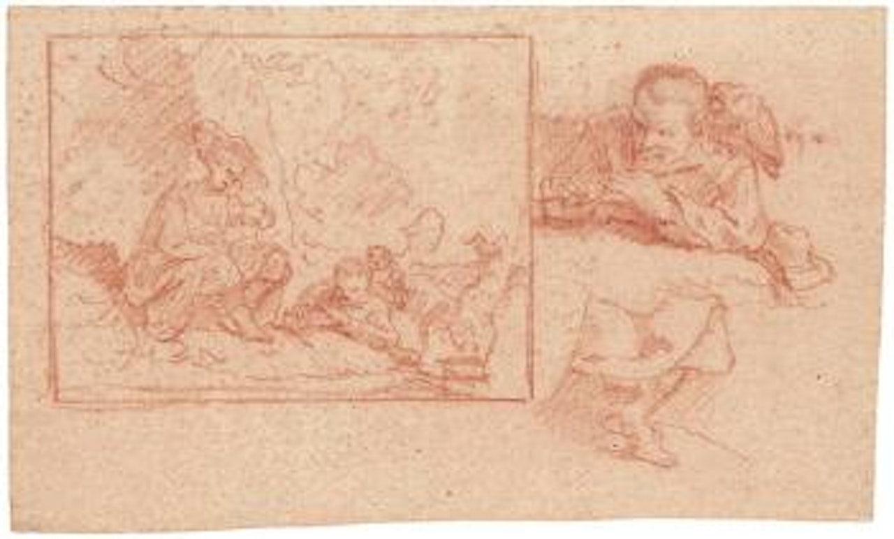 Skizzenblatt mit einem Flötenspieler und einer Frau mit Blumenkranz by Joachim Martin Falbe by Attributed to Rembrandt Harmensz van Rijn