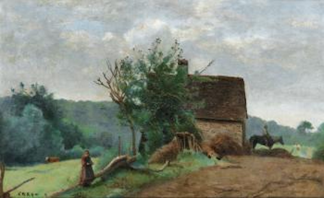 Cour De Ferme Avec Un Cavalier Et Une Petite Fille Au Premier Plan by Jean Baptiste Camille Corot