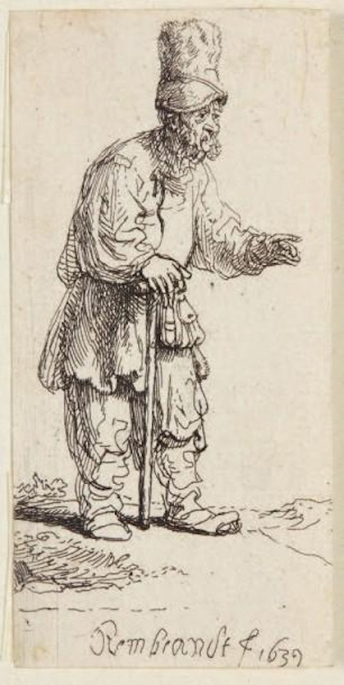 Paysan à grand bonnet, appuyé sur une canne by Attributed to Rembrandt Harmensz van Rijn