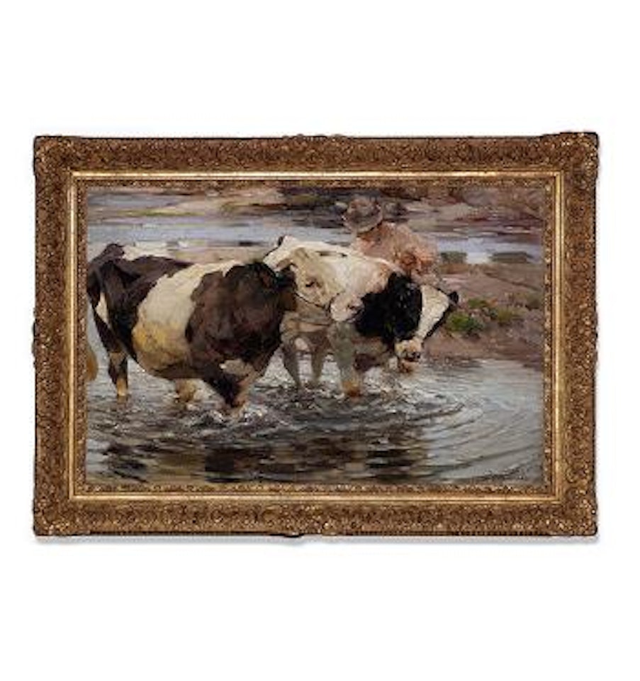 Bauer mit zwei Kühen im Altrhein by Heinrich von Zugel