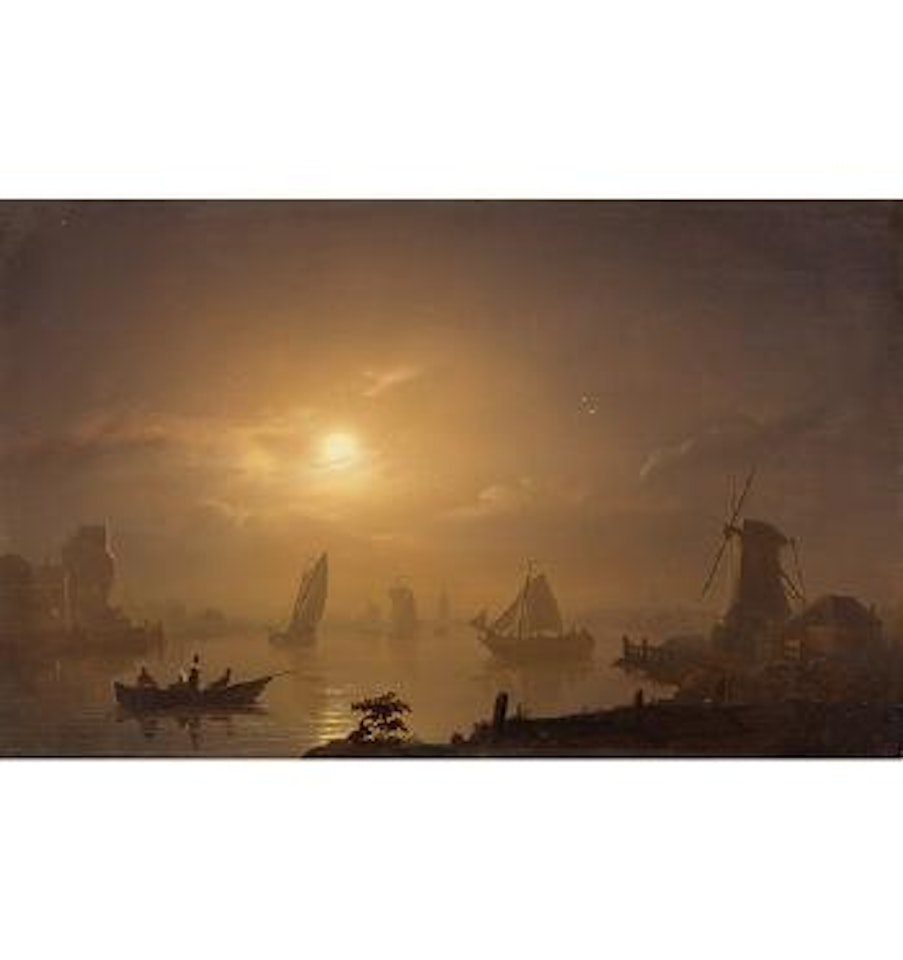 Mondbeschienene Flusslandschaften mit Segelbooten und Figurenstaffage by Petrus van Schendel