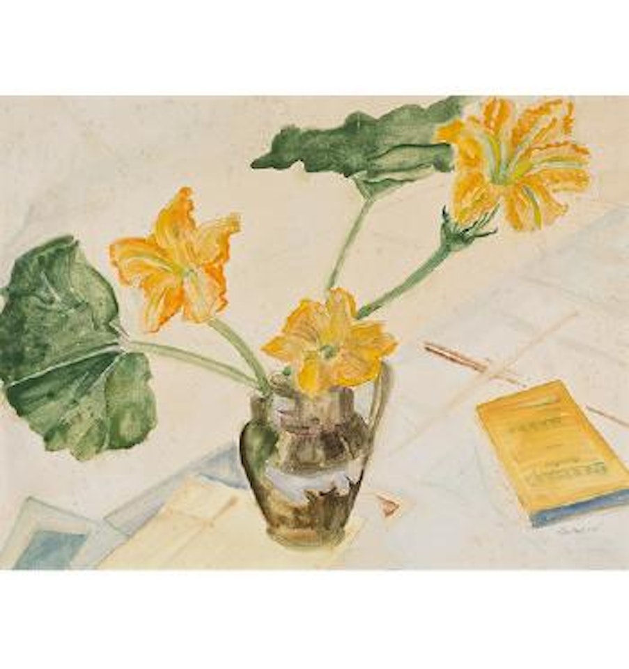 Stillleben mit gelben Blumen und Buch by Erich Heckel