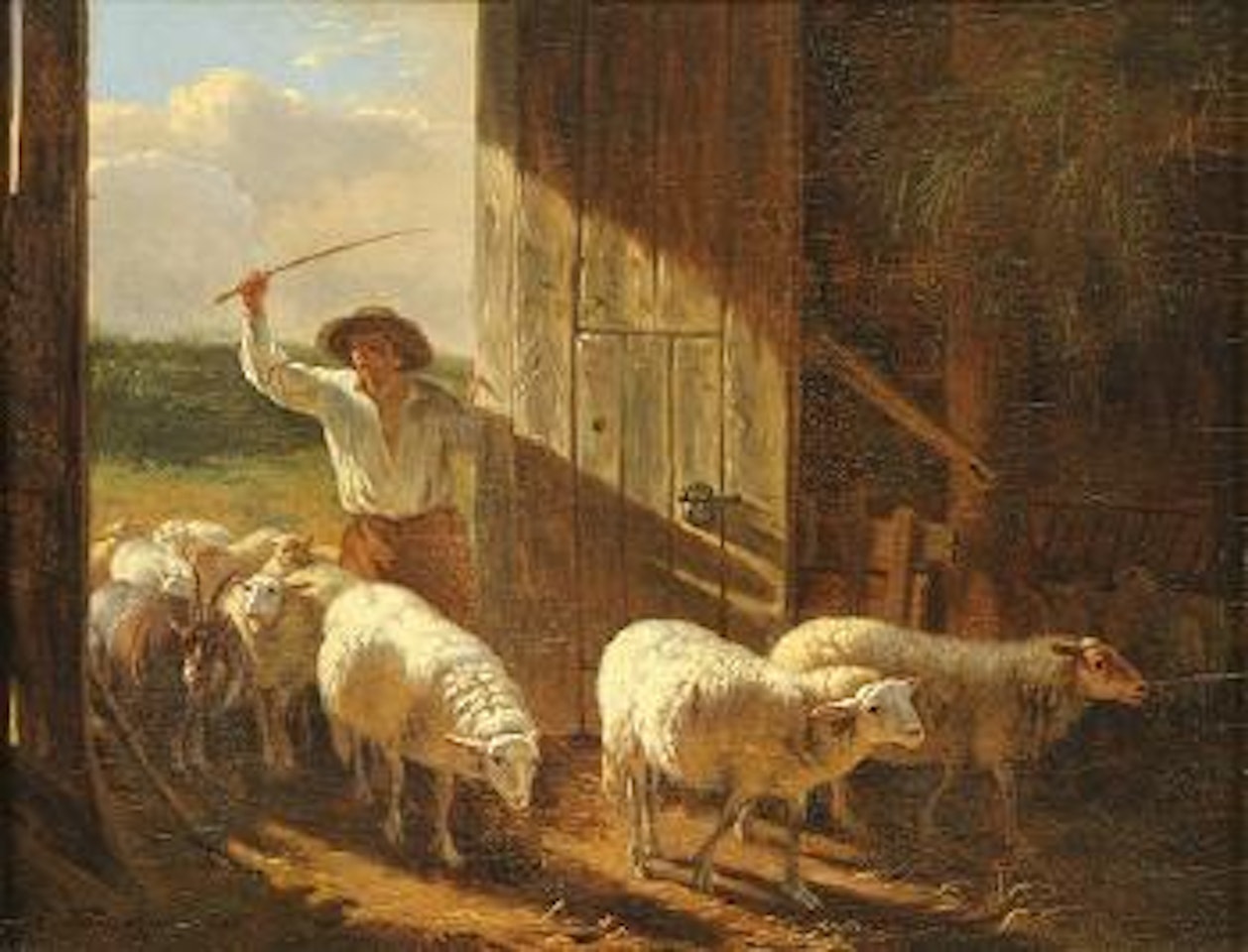 Shepherd and flock entering the barn by Eugène Joseph Verboeckhoven