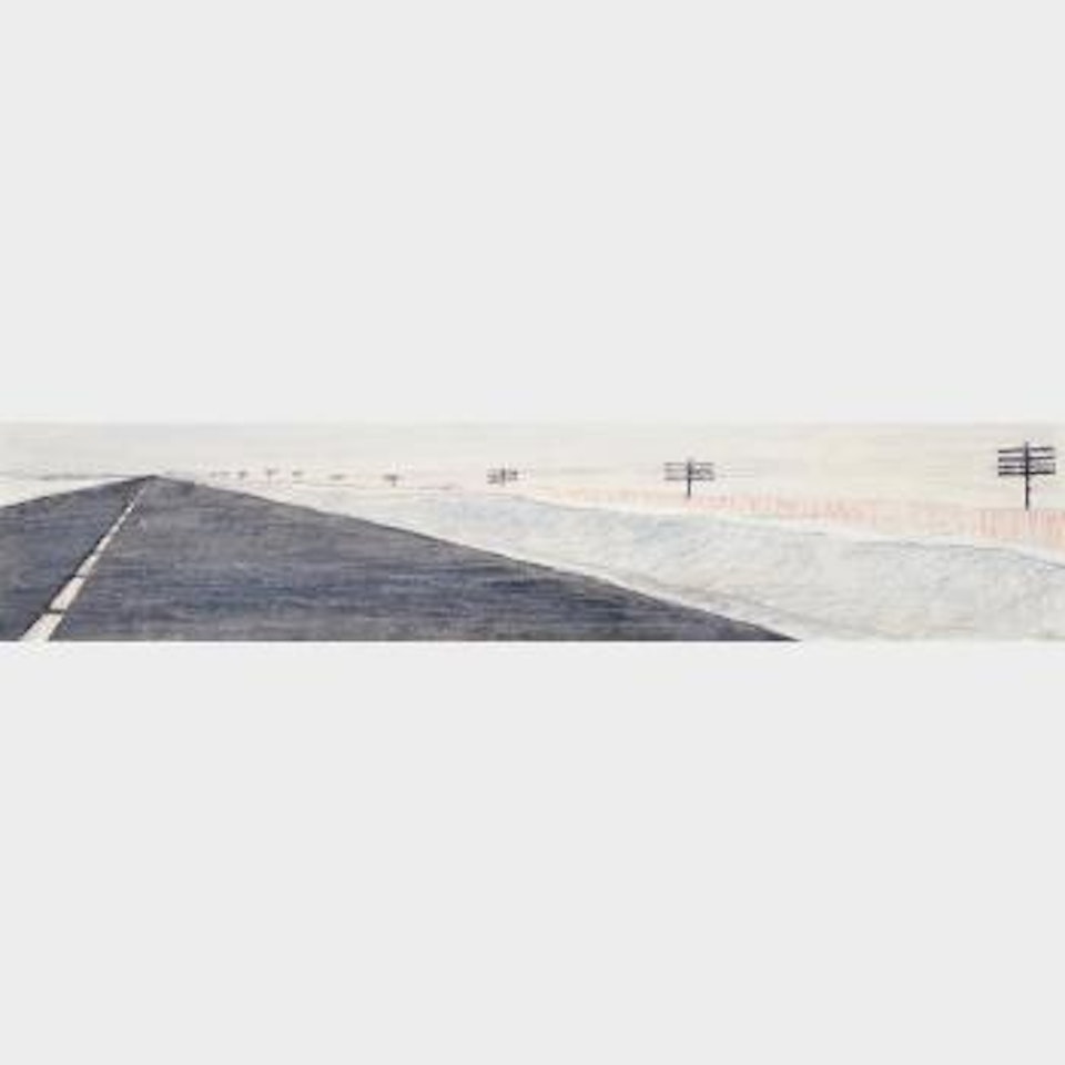 Regina Saskatoon Highway, creeping snow whisps on prairie road by William Kurelek