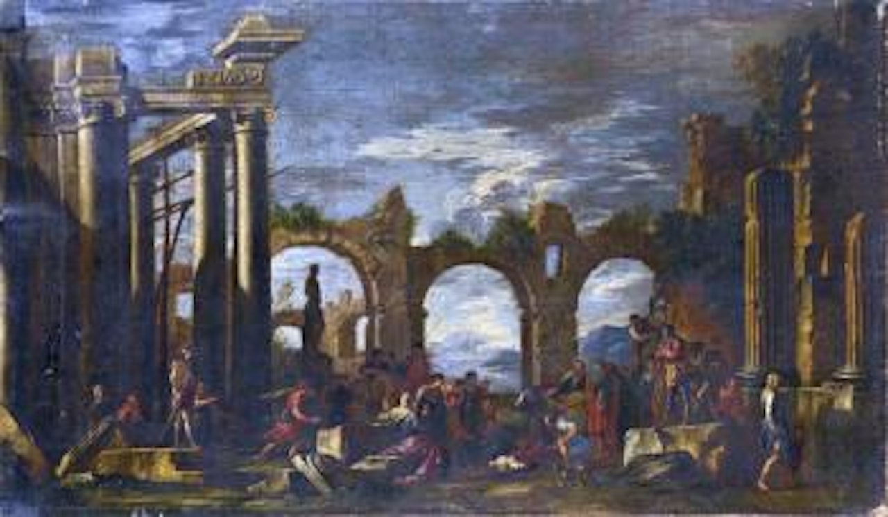 Ruines antiques avec les apôtres Pierre et Jean et Ananie by Giovanni Ghisolfi
