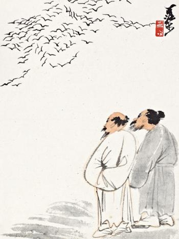 Scholars gazing wild geese by Li Keran