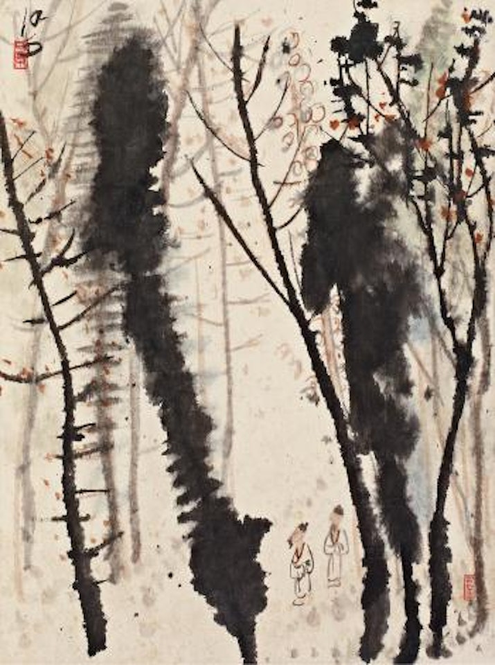 Scholars in autumn forest by Li Keran