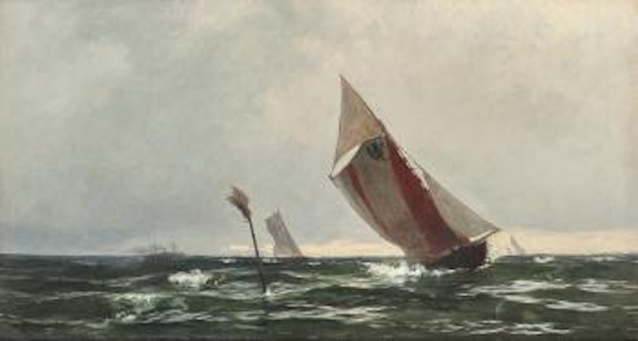 Losbåt, slørende by Fritz Thaulow