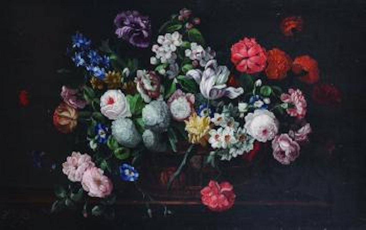 Still Life of Flowers in a Wicker Basket by Frederick Victor Bailey