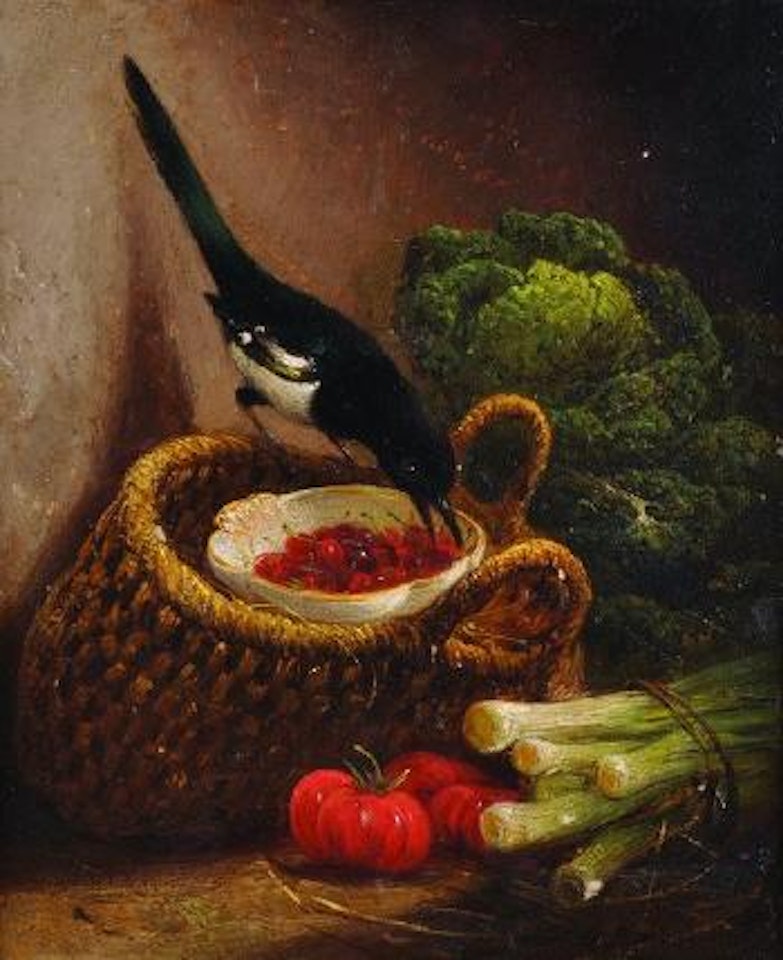 A Magpie Stealing Cherries from a Basket, with Tomatoes Leeks and Cabbage beside by Henriette Ronner-Knip