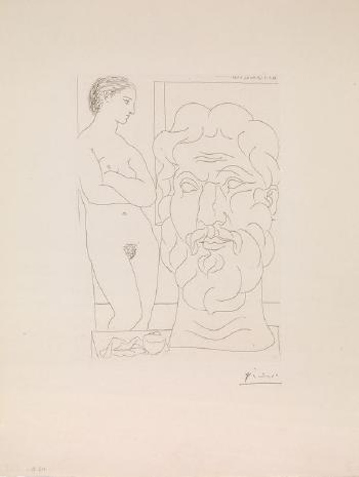 Modèle et grande tête sculptée by Pablo Picasso