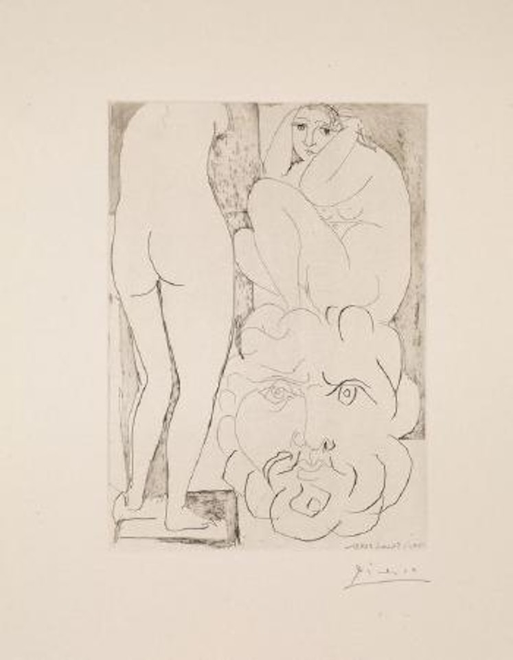 Modèle accroupi, sculpture de dos et tête barbue by Pablo Picasso