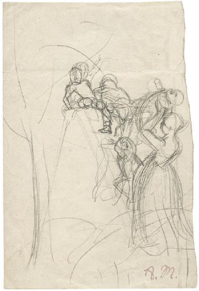 Mutter mit Kindern, auf einer Leiter bei einem Obstbaum kletternd by Adolph Menzel